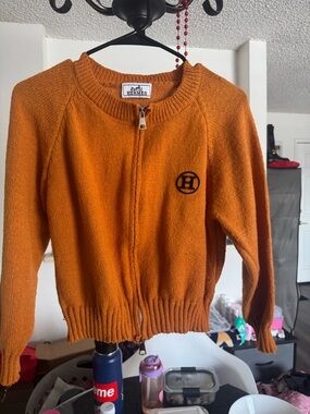 Hermès Orange Zip-Front Knit Sweater with H Patch